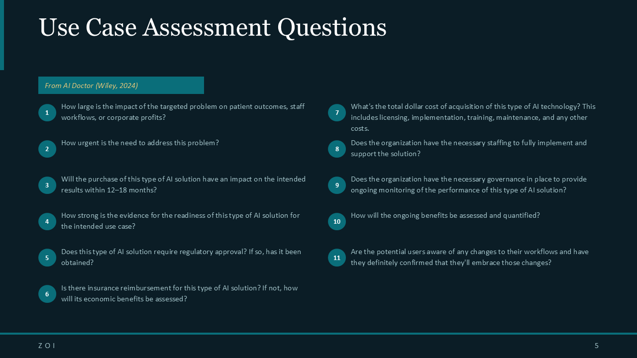 Use Case Assessment Questions — framework questions from AI Doctor for evaluating AI healthcare investments