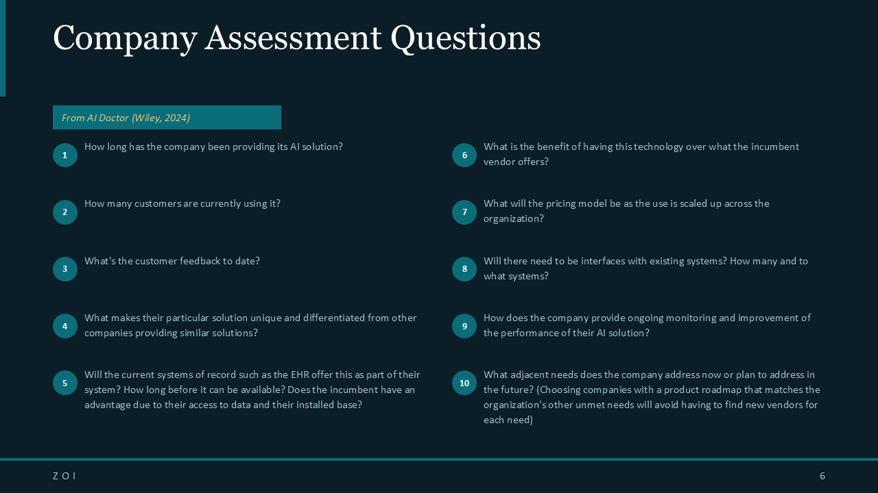 Company Assessment Questions — framework questions from AI Doctor for evaluating AI healthcare companies